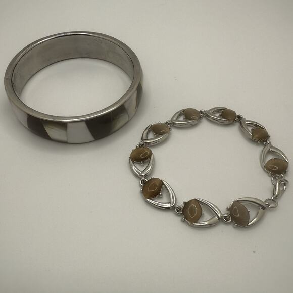 Unbranded Jewelry - Two Silver‎ Tone Bracelets Mother of Pearl Bangle 7.75” Glass Stone Tennis 7.5”